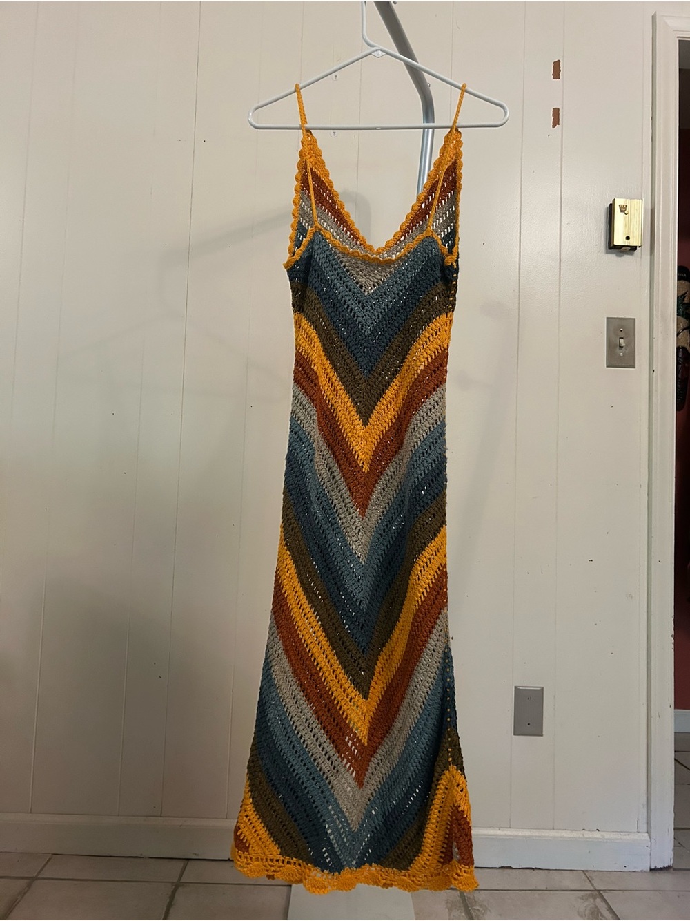 Free People Crochet Chevron Midi Dress in Mustard, Teal, Rust - Picture 2 of 7
